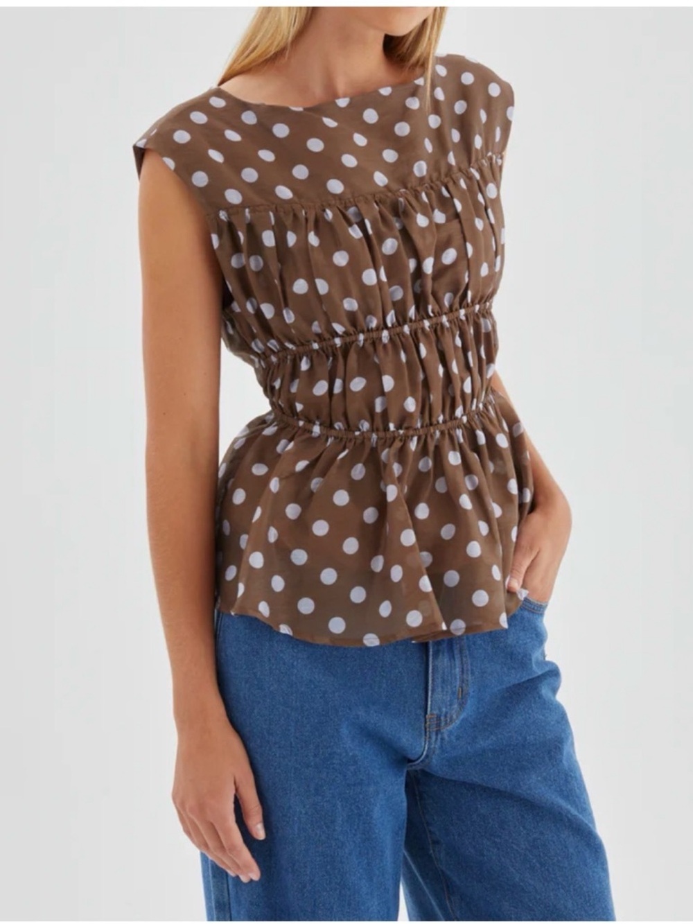 Princess Polly Marleene Smocked Top Brown Polka Dot Size 4 Peplum Tank